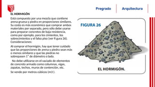EL HORMIGÓN
Está compuesto por una mezcla que contiene
arena gruesa y piedra en proporciones similares.
Su costo es más económico que comprar ambos
materiales por separado, pero sólo debe usarse
para preparar concretos de baja resistencia,
como por ejemplo, para los cimientos, los
sobrecimientos y el falso piso (ver fi gura 26).
Consideraciones:
Al comprar el hormigón, hay que tener cuidado
que las proporciones de arena y piedra sean más
o menos similares y que las piedras no
sobrepasen 1” de diámetro o lado.
No debe utilizarse en el vaciado de elementos
de concreto armado como columnas, vigas,
zapatas, techos, muros de contención, etc.
Se vende por metros cúbicos (m3 ).
 