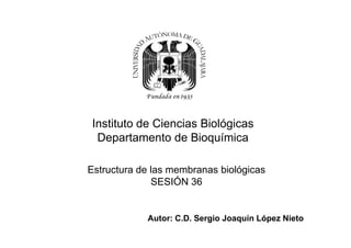 Instituto de Ciencias Biológicas
Departamento de Bioquímica
Estructura de las membranas biológicas
SESIÓN 36
Instituto de Ciencias Biológicas
Departamento de Bioquímica
Autor: C.D. Sergio Joaquín López Nieto
 