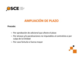 AMPLIACIÓN DE PLAZO
Procede:
– Por aprobación de adicional que afecte el plazo
– Por atrasos y/o paralizaciones no imputables al contratista o por
culpa de la Entidad
– Por caso fortuito o fuerza mayor

 