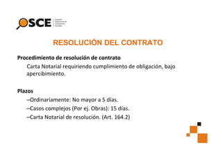 RESOLUCIÓN DEL CONTRATO
Procedimiento de resolución de contrato
Carta Notarial requiriendo cumplimiento de obligación, bajo
apercibimiento.
Plazos
–Ordinariamente: No mayor a 5 días.
–Casos complejos (Por ej. Obras): 15 días.
–Carta Notarial de resolución. (Art. 164.2)

 