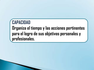 CAPACIDAD  Organiza el tiempo y las acciones pertinentes para el logro de sus objetivos personales y profesionales. 