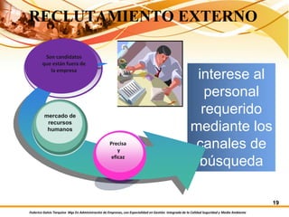 Federico Galvis Tarquino Mgs En Administración de Empresas, con Especialidad en Gestión Integrada de la Calidad Seguridad y Medio Ambiente
19
Precisa
y
eficaz
interese al
personal
requerido
mediante los
canales de
búsqueda
RECLUTAMIENTO EXTERNO
mercado de
recursos
humanos
Son candidatos
que están fuera de
la empresa
Precisa
y
eficaz
 