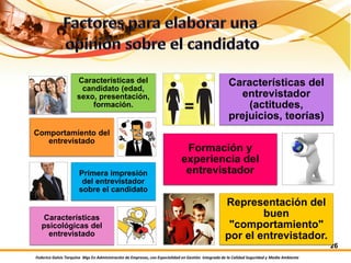 Federico Galvis Tarquino Mgs En Administración de Empresas, con Especialidad en Gestión Integrada de la Calidad Seguridad y Medio Ambiente
26
Características del
candidato (edad,
sexo, presentación,
formación.
Comportamiento del
entrevistado
Primera impresión
del entrevistador
sobre el candidato
Características
psicológicas del
entrevistado
Características del
entrevistador
(actitudes,
prejuicios, teorías)
Formación y
experiencia del
entrevistador
Representación del
buen
"comportamiento"
por el entrevistador.
 