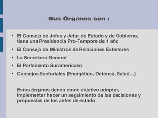 Sus Órganos son :
• El Consejo de Jefes y Jefas de Estado y de Gobierno,
tiene una Presidencia Pro-Tempore de 1 año
• El Consejo de Ministros de Relaciones Exteriores
• La Secretaria General
• El Parlamento Suramericano
• Consejos Sectoriales (Energético, Defensa, Salud…)
Estos órganos tienen como objetivo adoptar,
implementar hacer un seguimiento de las decisiones y
propuestas de los Jefes de estado

 