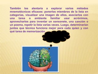También los alentaría a explorar varios métodos mnemotécnicos eficaces: ponerlos miembros de la lista en categorías, visualizar una imagen de ellos, asociarlos con una tarea o ambiente familiar usar acrónimos, aprovecharlos para inventar un sonsonete, una canción o un poema, repetir la lista varias veces. Luego, determinarían juntos que técnica funciona mejor para cada quien y con qué tarea de memorización.