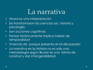 La narrativaAhora es una interpretación Se transformaron las ciencias soc ,historia y psicología.Son acciones cognitivasPensar históricamente implica hablar de  temporalidadVivencia da  porque presenta el rol del pasadoLa narrativa en la historia no es solo una metodología según Bruner es una  forma de construir y dar intangenibilidad