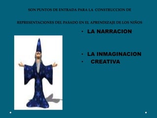 SON PUNTOS DE ENTRADA PARA LA  CONSTRUCCION DE  REPRESENTACIONES DEL PASADO EN EL APRENDIZAJE DE LOS NIÑOSLA NARRACIONLA INMAGINACION   CREATIVA
