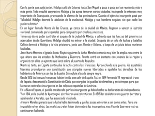 Con la gente que pudo juntar, Hidalgo salió de Dolores hacia San Miguel y poco a poco se fue reuniendo más y más gente. Todo resultó sorpresivo; Hidalgo y los suyos tomaron varias ciudades, incluyendo la entonces muy importante de Guanajuato, provocando la alarma de los peninsulares. Cuando el ejército insurgente pasó por Valladolid, Hidalgo decretó la abolición de la esclavitud. Hidalgo y sus hombres seguían, sin que nadie los pudiera detener. En un lugar llamado Monte de las Cruces, ya cerca de la ciudad de México, llegaron a vencer al ejército virreinal, comandado por españoles pero compuesto por criollos y mestizos.Temeroso de no poder controlar el saqueo de la ciudad de México, y sabiendo que las fuerzas del gobierno se acercaban desde Querétaro, Hidalgo decidió no entrar a la ciudad. Después de un año de luchas y batallas Calleja derrotó a Hidalgo y lo hizo prisionero, junto con Allende y Aldama, y luego de un juicio éstos murieron fusilados.José María Morelos e Ignacio López Rayón siguieron la lucha. Morelos conocía muy bien la amplia zona entre lo que ahora son los estados de Michoacán y Guerrero. Pronto entró en contacto con jóvenes de la región y organizó con ellos un ejército que lanzó sobre el puerto de Acapulco.Mientras tanto, en España continuaba la lucha contra los franceses. Aprovechando esa guerra, los españoles liberales promulgaron una constitución que otorgaba nuevas libertades e igualaba los derechos de los habitantes de América con los de España. Se excluía a los de sangre negra.Desde 1813 las fuerzas francesas habían tenido que salir de España. Así, en 1814 Fernando VII regresó al trono de España, desconoció la Constitución de Cádiz que otorgaba la igualdad de derechos y envió tropas para que lucharan contra los insurgentes en las colonias españolas de América. En la Nueva España, el pueblo encabezado por los insurgentes ya había hecho su declaración de independencia. Y en 1814, en la ciudad de Apatzingán, escribieron una constitución. En 1815 los realistas consiguieron derrotar y aprehender a Morelos, que fue enjuiciado y fusilado. Al morir Morelos parecía que la lucha había terminado y que las cosas volverían a ser como antes. Pero era imposible volver atrás. Los realistas creían haber dominado a los insurgentes, mas Vicente Guerrero y otros continuaron luchando. 