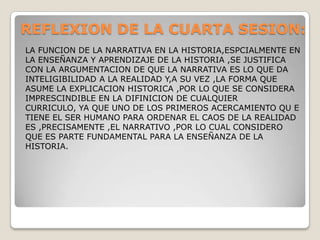  REFLEXION DE LA CUARTA SESION:LA FUNCION DE LA NARRATIVA EN LA HISTORIA,ESPCIALMENTE EN LA ENSEÑANZA Y APRENDIZAJE DE LA HISTORIA ,SE JUSTIFICA CON LA ARGUMENTACION DE QUE LA NARRATIVA ES LO QUE DA INTELIGIBILIDAD A LA REALIDAD Y,A SU VEZ ,LA FORMA QUE ASUME LA EXPLICACION HISTORICA ,POR LO QUE SE CONSIDERA IMPRESCINDIBLE EN LA DIFINICION DE CUALQUIER CURRICULO, YA QUE UNO DE LOS PRIMEROS ACERCAMIENTO QU E TIENE EL SER HUMANO PARA ORDENAR EL CAOS DE LA REALIDAD ES ,PRECISAMENTE ,EL NARRATIVO ,POR LO CUAL CONSIDERO QUE ES PARTE FUNDAMENTAL PARA LA ENSEÑANZA DE LA HISTORIA.
