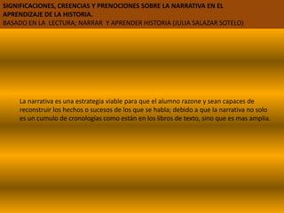 SIGNIFICACIONES, CREENCIAS Y PRENOCIONES SOBRE LA NARRATIVA EN EL APRENDIZAJE DE LA HISTORIA.BASADO EN LA  LECTURA; NARRAR  Y APRENDER HISTORIA (JULIA SALAZAR SOTELO)La narrativa es una estrategia viable para que el alumno razone y sean capaces de reconstruir los hechos o sucesos de los que se habla; debido a que la narrativa no solo es un cumulo de cronologías como están en los libros de texto, sino que es mas amplia. 