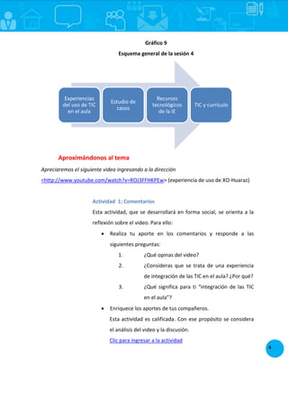 4
Gráfico 9
Esquema general de la sesión 4
Aproximándonos al tema
Apreciaremos el siguiente video ingresando a la dirección
<http://www.youtube.com/watch?v=ROJ3FFHKPEw> (experiencia de uso de XO-Huaraz)
Actividad 1: Comentarios
Esta actividad, que se desarrollará en forma social, se orienta a la
reflexión sobre el video. Para ello:
 Realiza tu aporte en los comentarios y responde a las
siguientes preguntas:
1. ¿Qué opinas del video?
2. ¿Consideras que se trata de una experiencia
de integración de las TIC en el aula? ¿Por qué?
3. ¿Qué significa para ti “integración de las TIC
en el aula”?
 Enriquece los aportes de tus compañeros.
Esta actividad es calificada. Con ese propósito se considera
el análisis del video y la discusión.
Clic para ingresar a la actividad
Experiencias
del uso de TIC
en el aula
Estudio de
casos
Recursos
tecnológicos
de la IE
TIC y currículo
 