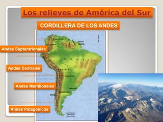 Los relieves de América del Sur
CORDILLERA DE LOS ANDES
Andes Patagónicos
Andes Septentrionales
Andes Centrales
Andes Meridionales
 