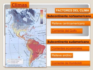 Climas
FACTORES DEL CLIMA
Subcontinente norteamericano
Relieve centroamericano
Corriente del Golfo
Subcontinente sudamericano
Relieve andino
Corrientes ecuatoriales
Corriente de Humboldt
 