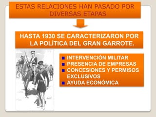 ESTAS RELACIONES HAN PASADO POR
DIVERSAS ETAPAS
HASTA 1930 SE CARACTERIZARON POR
LA POLÍTICA DEL GRAN GARROTE.
INTERVENCIÓN MILITAR
PRESENCIA DE EMPRESAS
CONCESIONES Y PERMISOS
EXCLUSIVOS
AYUDA ECONÓMICA
 