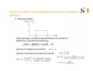 RELACION ENTRE TRANSFORMADA DE LAPLACE FOURIER Y Z
SESION 4
3.‐ Filtro pasa banda:
( )j T
H e 
1
2ω1ω ω
Filtro paso bajas :el sistema caracterizado por la ecuación en 
diferencias y función de transferencia 
( ) ( ) ( 1)y k u k y k   
para que la magnitud sea unitaria:  1  
Así pues, la función de transferencia resulta:  
(1 )
( )
z
H z
z





(1 )
( )
j T
j T
j T
e
H e
e








(1 )(cos )
(cos )
T jsen T
T jsen T
  
  
 

 
2 2 2
(1 )
( )
cos 2 cos
j T
H e
T T sen T
 
    


  
1
tan
(cos )
sen T
T
T

 
 

 

 