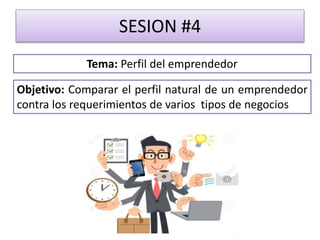 SESION #4
Objetivo: Comparar el perfil natural de un emprendedor
contra los requerimientos de varios tipos de negocios
Tema: Perfil del emprendedor
 