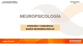 NEUROPSICOLOGÍA
ATENCIÓN Y CONCIENCIA
BASES NEUROBIOLÓGICAS
FACULTAD DE CIENCIAS HUMANAS
ESCUELA PROFESIONAL DE PSICOLOGÍA
SEMESTRE ACADÉMICO
2020 - II
Equipo Docente
 