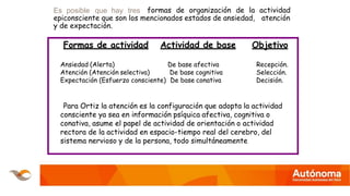 Es posible que hay tres formas de organización de la actividad
epiconsciente que son los mencionados estados de ansiedad, atención
y de expectación.
Formas de actividad Actividad de base Objetivo
Ansiedad (Alerta)
Atención (Atención selectiva)
De base afectiva
De base cognitiva
Expectación (Esfuerzo consciente) De base conativa
Recepción.
Selección.
Decisión.
Para Ortiz la atención es la configuración que adopta la actividad
consciente ya sea en información psíquica afectiva, cognitiva o
conativa, asume el papel de actividad de orientación o actividad
rectora de la actividad en espacio-tiempo real del cerebro, del
sistema nervioso y de la persona, todo simultáneamente
 