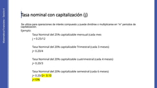 Se utiliza para operaciones de interés compuesto y puede dividirse o multiplicarse en “m” periodos de
capitalización.
Ejemplo:
Tasa Nominal del 25% capitalizable mensual (cada mes
j = 0.25/12
Tasa Nominal del 20% capitalizable Trimestral (cada 3 meses)
j= 0.20/4
Tasa Nominal del 20% capitalizable cuatrimestral (cada 4 meses)
j= 0.20/3
Tasa Nominal del 20% capitalizable semestral (cada 6 meses)
j= 0.20/2= 0.10
j=10%
Tasa nominal con capitalización (j)
 