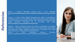 Barrera. J. A.(2021). Matemática financiera paso a paso. Alfaomega.
https://www.alphaeditorialcloud.com/reader/matematica-financiera-paso-a-paso-3?location
=1
Casusol, J. L. (2016). Modelo didáctico B-Learning para mejorar el aprendizaje de
Matemática Financiera en los estudiantes del Instituto de Educación Superior Tecnológico
Privado de Formación Bancaria Sede Chiclayo 2016. [Tesis Doctoral, Universidad César
Vallejo]. Repositorio Institucional de la Universidad César Vallejo
https://repositorio.ucv.edu.pe/handle/20.500.12692/2297
Gutiérrez, J. (2020). El Método heurístico para mejorar el Aprendizaje en matemática
financiera en estudiantes universitarios del tercer ciclo, Chepén 2019. [Tesis Doctoral,
Universidad César Vallejo]. Repositorio Institucional de la Universidad César Vallejo
https://repositorio.ucv.edu.pe/handle/20.500.12692/44926
Herrera, D. (2021). Matemática Financiera. Alfaomega.
https://www.alphaeditorialcloud.com/reader/matematica-financiera?location=1
 