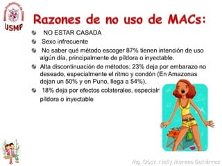 Uso anticonceptivo en adolescentessolteras sexualmente iniciadasSólo 43% usa métodosGrandes brechas:•23% en Amazonas•25% en Puno•29% en Ancash•35% en Lima•76% en Lambayeque 
