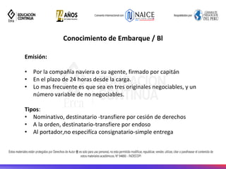 Conocimiento de Embarque / Bl
Emisión:
• Por la compañía naviera o su agente, firmado por capitán
• En el plazo de 24 horas desde la carga.
• Lo mas frecuente es que sea en tres originales negociables, y un
número variable de no negociables.
Tipos:
• Nominativo, destinatario -transfiere por cesión de derechos
• A la orden, destinatario-transfiere por endoso
• Al portador,no especifíca consignatario-simple entrega
 