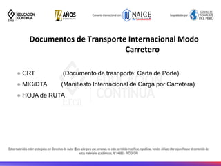 ⚫ CRT
⚫ MIC/DTA
(Documento de trasnporte: Carta de Porte)
(Manifiesto Internacional de Carga por Carretera)
⚫ HOJA de RUTA
Documentos de Transporte Internacional Modo
Carretero
 