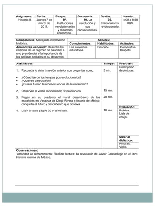 Asignatura: Fecha: Bloque: Secuencia: Sesión: Horario: Historia II. Jueves 7 de marzo de 2014. IV. Instituciones revolucionarias y desarrollo económico. . 10. La revolución y sus consecuencias. 95. Nacionalismo revolucionario. 8:00 a 8:50 HRS. Competencia: Manejo de información histórica. Saberes: Conocimientos: Habilidades: Actitudes: Aprendizaje esperado: Describe los cambios de un régimen de caudillos a uno presidencial y la importancia de las políticas sociales en su desarrollo. Los proyectos educativos. Describe. Cooperativa. Respeto. Actividades: Tiempo: Producto: 1. Recuerda lo visto la sesión anterior con preguntas como:  ¿Cómo fueron los tiempos posrevolucionarios?  ¿Quiénes participaron?  ¿Cuáles fueron las consecuencias de la revolución? 2. Observan el video nacionalismo revolucionario 3. Pegan en su cuaderno el mural desembarco de los españoles en Veracruz de Diego Rivera e historia de México: conquista el futuro y describen lo que observa. 4. Leen el texto página 30 y comentan. 5 min. 15 min. 20 min. 10 min. Descripción de pinturas. Evaluación: Rubrica. Lista de cotejo. Material didáctico: Pinturas. Video. Observaciones: Actividad de reforzamiento: Realizar lectura: La revolución de Javier Garciadiego en el libro Historia mínima de México.  