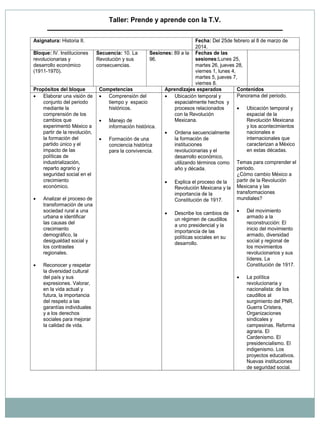 Taller: Prende y aprende con la T.V. Asignatura: Historia II. Fecha: Del 25de febrero al 8 de marzo de 2014. Bloque: IV. Instituciones revolucionarias y desarrollo económico (1911-1970). Secuencia: 10. La Revolución y sus consecuencias. Sesiones: 89 a la 96. Fechas de las sesiones:Lunes 25, martes 26, jueves 28, viernes 1, lunes 4, martes 5, jueves 7, viernes 8. Propósitos del bloque Competencias Aprendizajes esperados Contenidos  Elaborar una visión de conjunto del periodo mediante la comprensión de los cambios que experimentó México a partir de la revolución, la formación del partido único y el impacto de las políticas de industrialización, reparto agrario y seguridad social en el crecimiento económico.  Analizar el proceso de transformación de una sociedad rural a una urbana e identificar las causas del crecimiento demográfico, la desigualdad social y los contrastes regionales.  Reconocer y respetar la diversidad cultural del país y sus expresiones. Valorar, en la vida actual y futura, la importancia del respeto a las garantías individuales y a los derechos sociales para mejorar la calidad de vida.  Comprensión del tiempo y espacio históricos.  Manejo de información histórica.  Formación de una conciencia histórica para la convivencia.  Ubicación temporal y espacialmente hechos y procesos relacionados con la Revolución Mexicana.  Ordena secuencialmente la formación de instituciones revolucionarias y el desarrollo económico, utilizando términos como año y década.  Explica el proceso de la Revolución Mexicana y la importancia de la Constitución de 1917.  Describe los cambios de un régimen de caudillos a uno presidencial y la importancia de las políticas sociales en su desarrollo. Panorama del periodo.  Ubicación temporal y espacial de la Revolución Mexicana y los acontecimientos nacionales e internacionales que caracterizan a México en estas décadas. Temas para comprender el periodo. ¿Cómo cambio México a partir de la Revolución Mexicana y las transformaciones mundiales?  Del movimiento armado a la reconstrucción: El inicio del movimiento armado, diversidad social y regional de los movimientos revolucionarios y sus líderes. La Constitución de 1917.  La política revolucionaria y nacionalista: de los caudillos al surgimiento del PNR. Guerra Cristera, Organizaciones sindicales y campesinas. Reforma agraria. El Cardenismo. El presidencialismo. El indigenismo. Los proyectos educativos. Nuevas instituciones de seguridad social.  