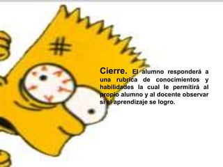 Cierre. El alumno responderá a 
una rubrica de conocimientos y 
habilidades la cual le permitirá al 
propio alumno y al docente observar 
si el aprendizaje se logro. 
 