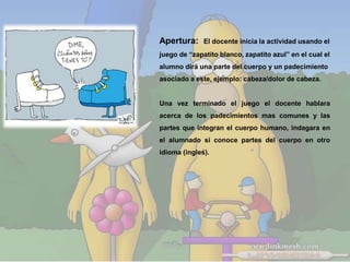 Apertura: El docente inicia la actividad usando el 
juego de “zapatito blanco, zapatito azul” en el cual el 
alumno dirá una parte del cuerpo y un padecimiento 
asociado a este, ejemplo: cabeza/dolor de cabeza. 
Una vez terminado el juego el docente hablara 
acerca de los padecimientos mas comunes y las 
partes que integran el cuerpo humano, indagara en 
el alumnado si conoce partes del cuerpo en otro 
idioma (ingles). 
 