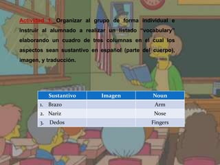 Actividad 1. Organizar al grupo de forma individual e 
instruir al alumnado a realizar un listado “vocabulary” 
elaborando un cuadro de tres columnas en el cual los 
aspectos sean sustantivo en español (parte del cuerpo), 
imagen, y traducción. 
Sustantivo Imagen Noun 
1. Brazo Arm 
2. Nariz Nose 
3. Dedos Fingers 
 