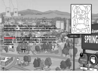 Desarrollo: Mediante actividades que requieran de 
habilidades de búsqueda de información el alumno 
asociara referentes visuales y conceptualizaciones. 
Actividad 2. Para reafirmar conocimientos el alumno 
elaborara un orden al rompecabezas y posteriormente 
señalara en ingles las partes del cuerpo que ira 
colocando. 
 
