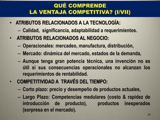 QUÉ COMPRENDE
        LA VENTAJA COMPETITIVA? (I/VII)
• ATRIBUTOS RELACIONADOS A LA TECNOLOGÍA:
   – Calidad, significancia, adaptabilidad a requerimientos.
• ATRIBUTOS RELACIONADOS AL NEGOCIO:
   – Operacionales: mercadeo, manufactura, distribución,
   – Mercado: dinámica del mercado, estados de la demanda,
   – Aunque tenga gran potencia técnica, una invención no es
     útil si sus consecuencias operacionales no alcanzan los
     requerimientos de rentabilidad.
• COMPETITIVIDAD A TRAVÉS DEL TIEMPO:
   – Corto plazo: precio y desempeño de productos actuales,
   – Largo Plazo: Competencias medulares (costo & rapidez de
     introducción de producto),          productos inesperados
     (sorpresa en el mercado).
                                                            14
 
