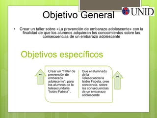 Objetivos específicos
Crear un “Taller de
prevención de
embarazo
adolecente”, para
los alumnos de la
telesecundaria
“Isidro Fabela” .
Que el alumnado
de la
Telesecundaria
Isidro Fabela, cree
conciencia, sobre
las consecuencias
de un embarazo
adolescente
1
2
Objetivo General
• Crear un taller sobre «La prevención de embarazo adolescente» con la
finalidad de que los alumnos adquieran los conocimientos sobre las
consecuencias de un embarazo adolescente
 