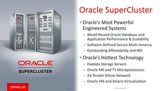 Oracle SuperCluster 
• Oracle's Most Powerful 
Engineered Systems 
– World Record Oracle Database and 
Application Performance & Scalability 
– Software Defined Secure Multi-tenancy 
– Outstanding Affordability and ROI 
• Oracle’s Hottest Technology 
– Exadata Storage Servers 
– Oracle M6 and T5 Microprocessors 
– 24-Terabit Silicon Network 
– Oracle VM and Solaris Virtualization 
11/5/2014 Copyright © 2014, Oracle and/or its affiliates. All rights reserved. | 
Oracle OpenWorld 
 