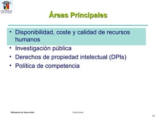 Áreas Principales Disponibilidad, coste y calidad de recursos humanos Investigación pública Derechos de propiedad intelectual (DPIs) Política de competencia 