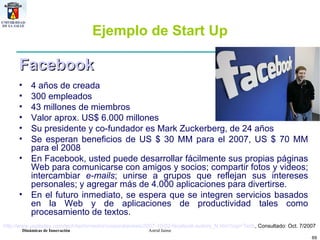 Ejemplo de Start Up Facebook   4 años de creada 300 empleados 43 millones de miembros Valor aprox. US$ 6.000 millones Su presidente y co-fundador es Mark Zuckerberg, de 24 años Se esperan beneficios de US $ 30 MM para el 2007, US $ 70 MM para el 2008 En Facebook, usted puede desarrollar fácilmente sus propias páginas Web para comunicarse con amigos y socios; compartir fotos y videos; intercambiar  e-mails ; unirse a grupos que reflejan sus intereses personales; y agregar más de 4.000 aplicaciones para divertirse.  En el futuro inmediato, se espera que se integren servicios basados en la Web y de aplicaciones de productividad tales como procesamiento de textos. http://www.usatoday.com/tech/techinvestor/corporatenews/2007-10-02-facebook-suitors_N.htm?csp=Tech , Consultado: Oct. 7/2007   
