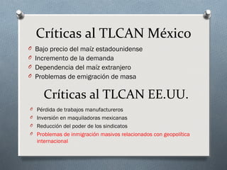 Críticas al TLCAN México
O Bajo precio del maíz estadounidense
O Incremento de la demanda
O Dependencia del maíz extranjero
O Problemas de emigración de masa
Críticas al TLCAN EE.UU.
O Pérdida de trabajos manufactureros
O Inversión en maquiladoras mexicanas
O Reducción del poder de los sindicatos
O Problemas de inmigración masivos relacionados con geopolítica
internacional
 
