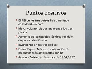 Puntos positivos
O El PIB de los tres países ha aumentado
considerablemente
O Mayor volumen de comercio entre los tres
países
O Aumento de los trabajos técnicos y el flujo
de personal calificado
O Inversiones en los tres países
O Estimuló para México la elaboración de
productos más sofisticados con ID
O Asistió a México en las crisis de 1994;1997
 
