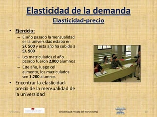 Elasticidad de la demandaElasticidad-precioEjercicio:El año pasado la mensualidad en la universidad estaba en S/. 500 y esta año ha subido a S/.900Los matriculados el año pasado fueron 2,000 alumnosEste año, luego del aumento, los matriculados son 1,200 alumnos.Encontrar la elasticidad-precio de la mensualidad de la universidad4/30/2011Universidad Privada del Norte (UPN)10