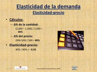 Elasticidad de la demandaElasticidad-precioCálculos:Δ% de la cantidad:(2,000 – 1,200) / 2,000 = 40%Δ% del precio:(900-500) / 500 = 80%Elasticidad-precio:40% / 80% = - 0.504/30/2011Universidad Privada del Norte (UPN)11