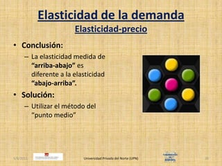 Elasticidad de la demandaElasticidad-precioConclusión:La elasticidad medida de “arriba-abajo” es diferente a la elasticidad “abajo-arriba”.Solución:Utilizar el método del “punto medio”4/30/2011Universidad Privada del Norte (UPN)20