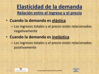 Elasticidad de la demandaRelación entre el ingreso y el precioCuando la demanda es elásticaLos ingresos totales y el precio están relacionados negativamenteCuando la demanda es inelásticaLos ingresos totales y el precio están relacionados positivamente4/30/2011Universidad Privada del Norte (UPN)32