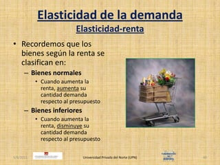 Elasticidad de la demandaElasticidad-rentaRecordemos que los bienes según la renta se clasifican en:Bienes normalesCuando aumenta la renta, aumenta su cantidad demanda respecto al presupuestoBienes inferioresCuando aumenta la renta, disminuye su cantidad demanda respecto al presupuesto4/30/2011Universidad Privada del Norte (UPN)40