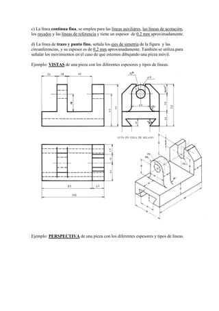 c) La línea continua fina, se emplea para las líneas auxiliares, las líneas de acotación,
los rayados y las líneas de referencia y tiene un espesor de 0,2 mm aproximadamente.

d) La línea de trazo y punto fino, señala los ejes de simetría de la figura y las
circunferencias, y su espesor es de 0,2 mm aproximadamente. También se utiliza para
señalar los movimientos en el caso de que estemos dibujando una pieza móvil.

Ejemplo: VISTAS de una pieza con los diferentes espesores y tipos de líneas.




Ejemplo: PERSPECTIVA de una pieza con los diferentes espesores y tipos de líneas.
 