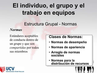 El individuo, el grupo y el
trabajo en equipos
Estructura Grupal - Normas
Normas
Estándares aceptables
de conducta dentro de
un grupo y que son
compartidas por todos
sus miembros

Clases de Normas:
• Normas de desempeño
• Normas de apariencia

• Arreglo de normas
sociales
• Normas para la
distribución de recursos

 