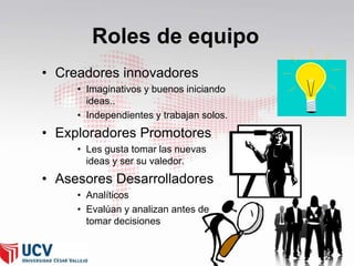 Roles de equipo
• Creadores innovadores
• Imaginativos y buenos iniciando
ideas..
• Independientes y trabajan solos.

• Exploradores Promotores
• Les gusta tomar las nuevas
ideas y ser su valedor.

• Asesores Desarrolladores
• Analíticos
• Evalúan y analizan antes de
tomar decisiones

25

 