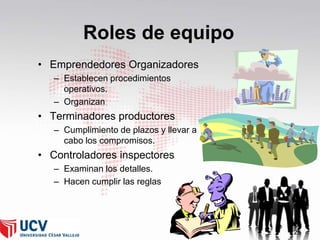 Roles de equipo
• Emprendedores Organizadores
– Establecen procedimientos
operativos.
– Organizan

• Terminadores productores
– Cumplimiento de plazos y llevar a
cabo los compromisos.

• Controladores inspectores
– Examinan los detalles.
– Hacen cumplir las reglas

26

 
