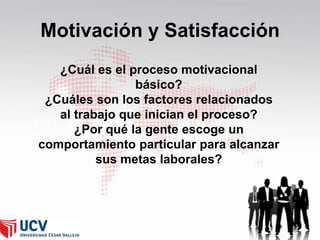 Motivación y Satisfacción
¿Cuál es el proceso motivacional
básico?
¿Cuáles son los factores relacionados
al trabajo que inician el proceso?
¿Por qué la gente escoge un
comportamiento particular para alcanzar
sus metas laborales?

 